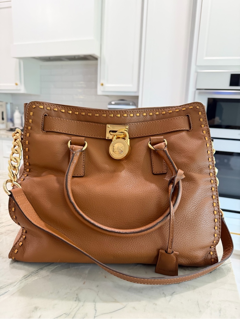 Michael Kors Cognac Leather Satchel with Gold-Tone Lock